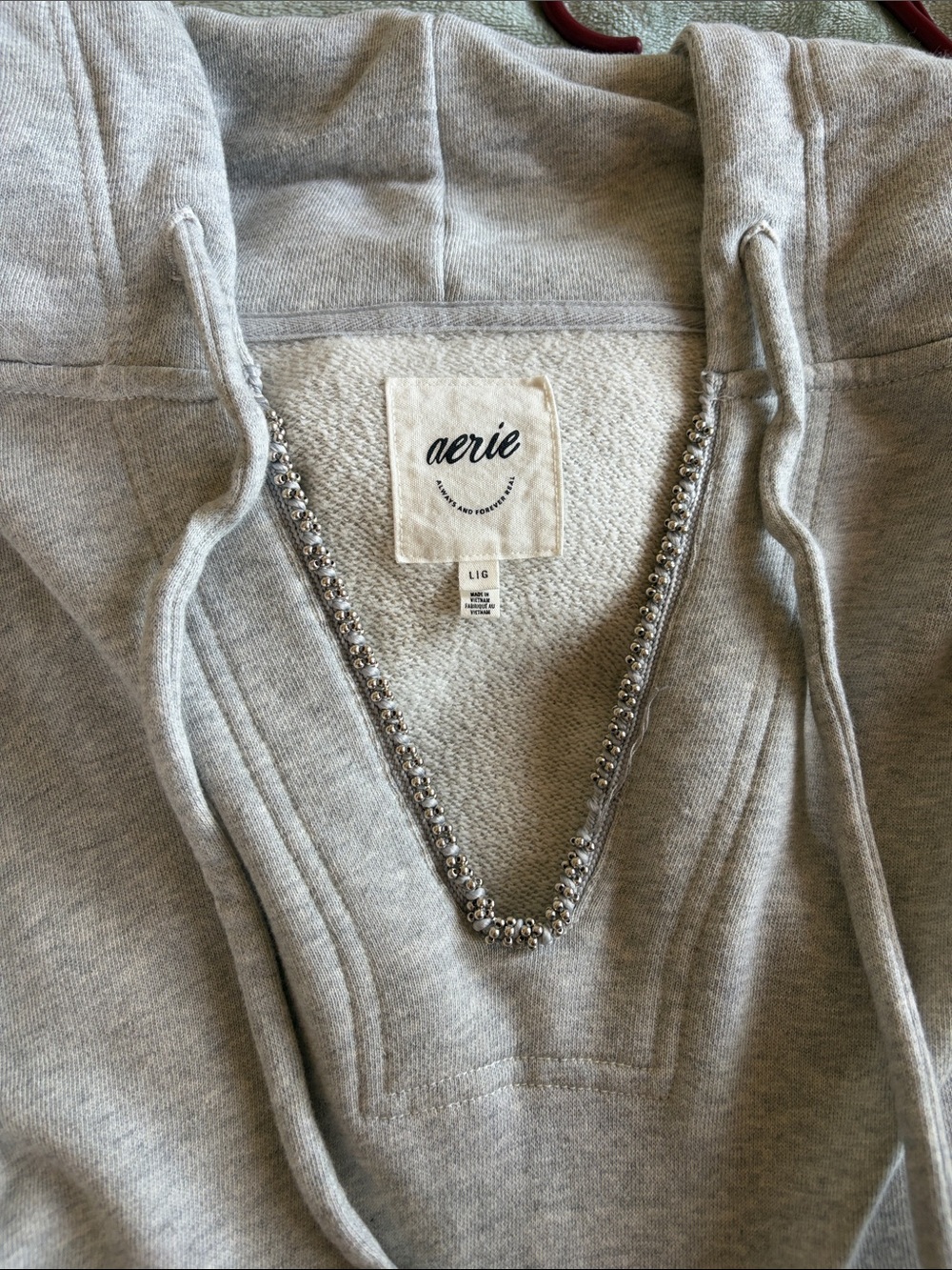 Aerie Light Gray Hooded Sweatshirt with Silver Beaded Trim - Picture 1 of 7